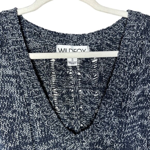 Wildfox Nancy Oxford Distressed Sweater Size Small Rib-Knit V Neck Navy Blue - Picture 6 of 8